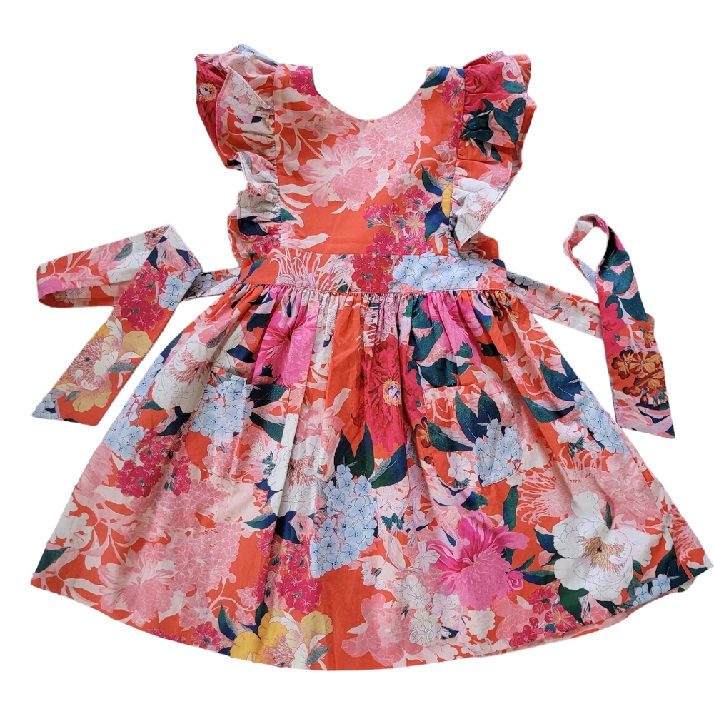Cara Cara Coral Floral Ruffle Dress with Pink, Blue & Green Accents